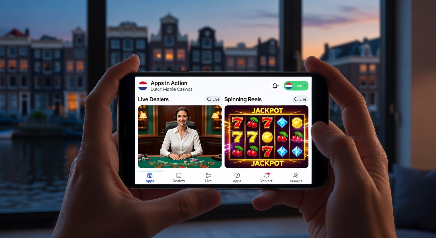 Dichtbij opname van een mobiele slot machine met draaiende rollen vol fruit symbolen en jackpot meters, naast een live dealer blackjack stream op een Nederlands casino scherm