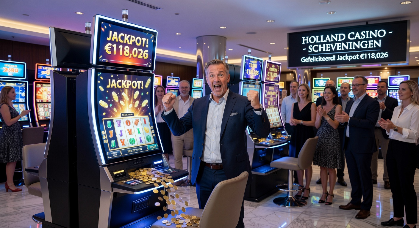 Jackpotmeter die oplicht bij een winnende spin op een slotmachine in een Nederlands casino, met confetti en juichende spelers
