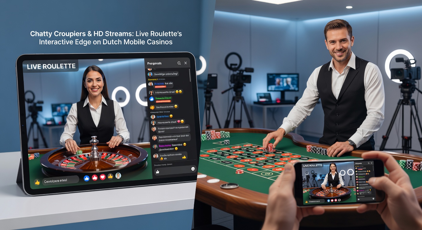 HD close-up van een roulettewiel dat draait met croupierhanden en chatvenster op een mobiel apparaat