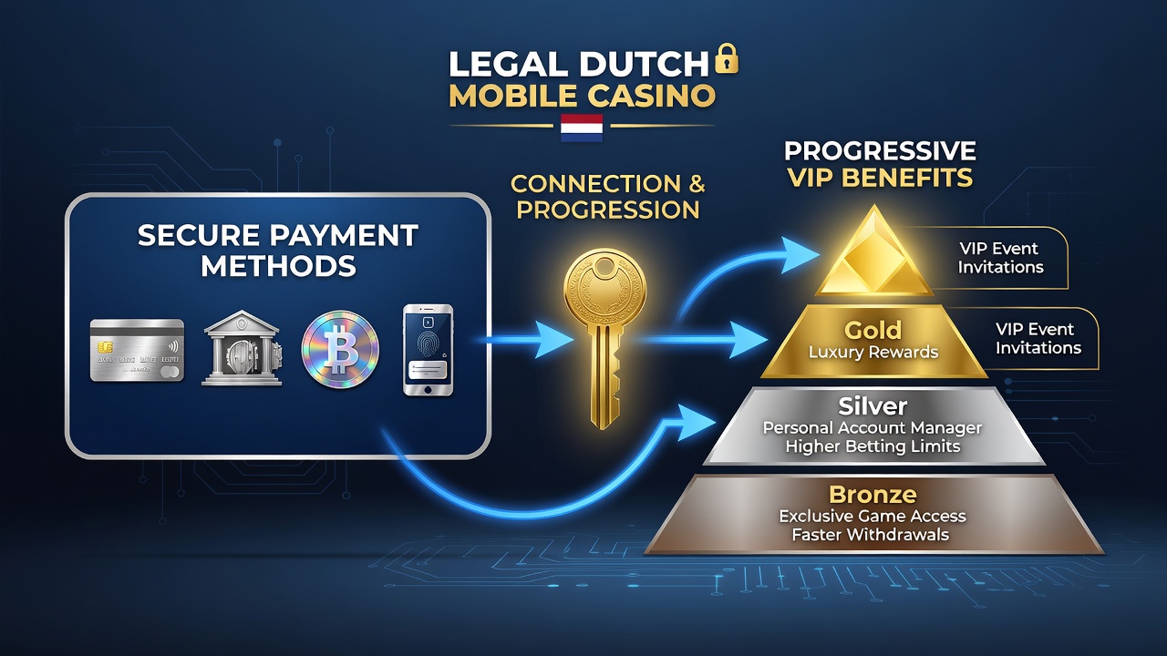 Diagram van mobiele casino interface met betalings- en VIP-statusintegratie