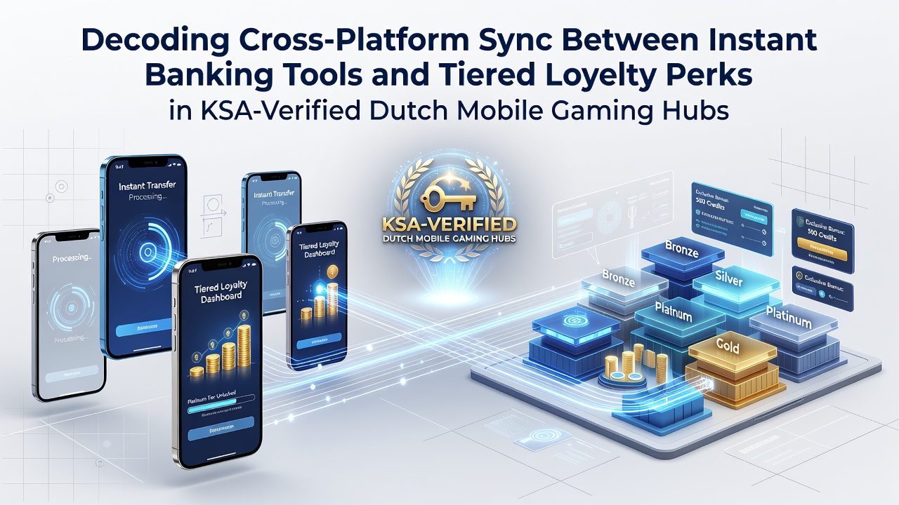 Illustratie van mobiele gaming interfaces met banking en loyaliteitssync in Nederlandse hubs