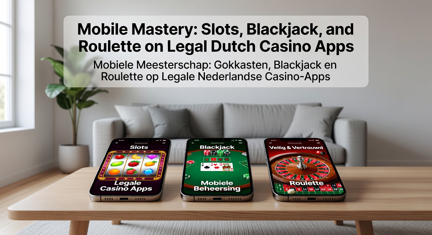 Dichtbij shot van een hand die blackjack kaarten tapt op een mobiel scherm, met roulette en slots op de achtergrond, omringd door Nederlandse vlag en KSA-keurmerk