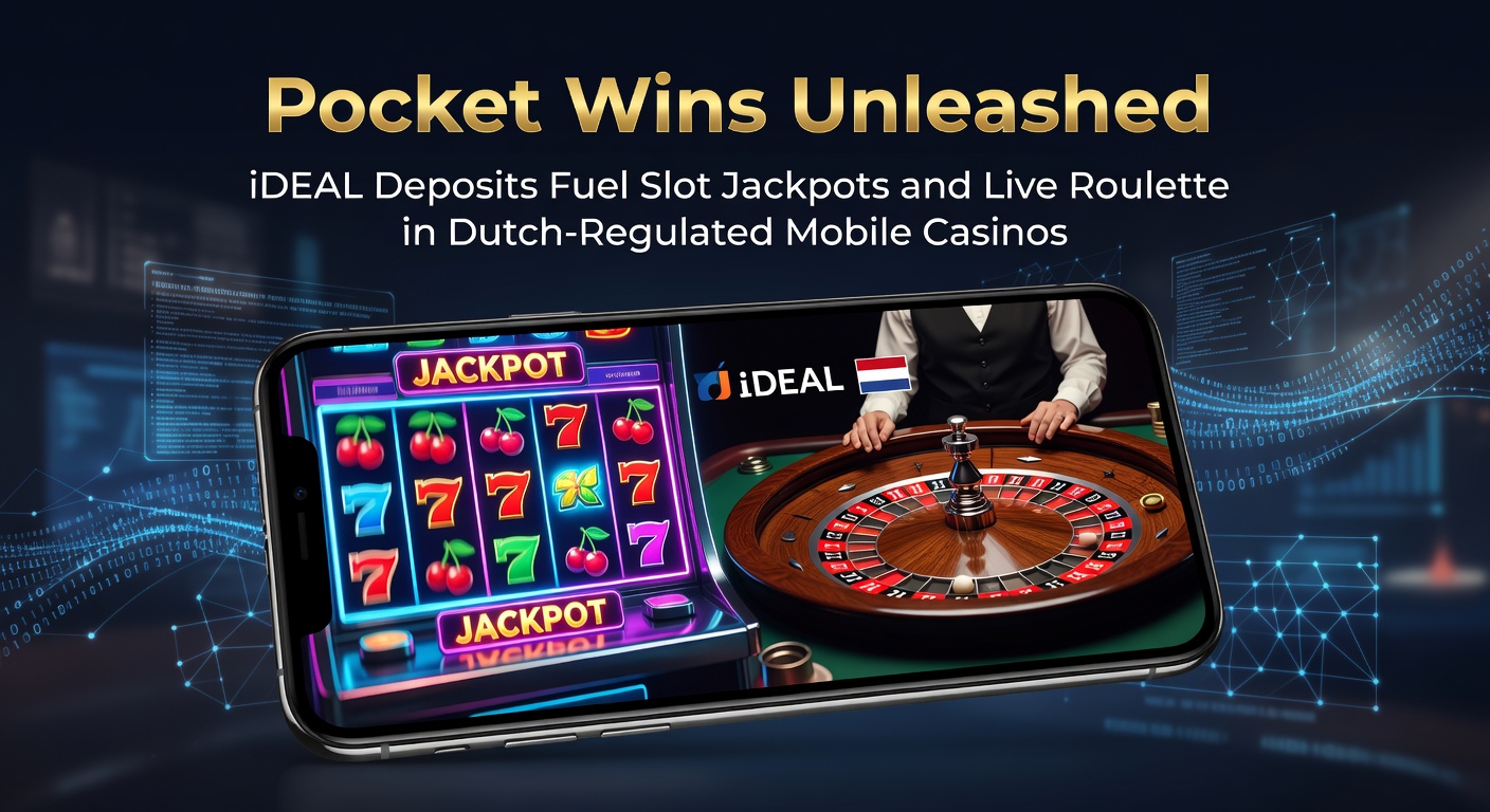 Mobiele telefoon met iDEAL betaaloptie en draaiende slotmachines op een Nederlands casino-app, met jackpot-tellers die oplichten