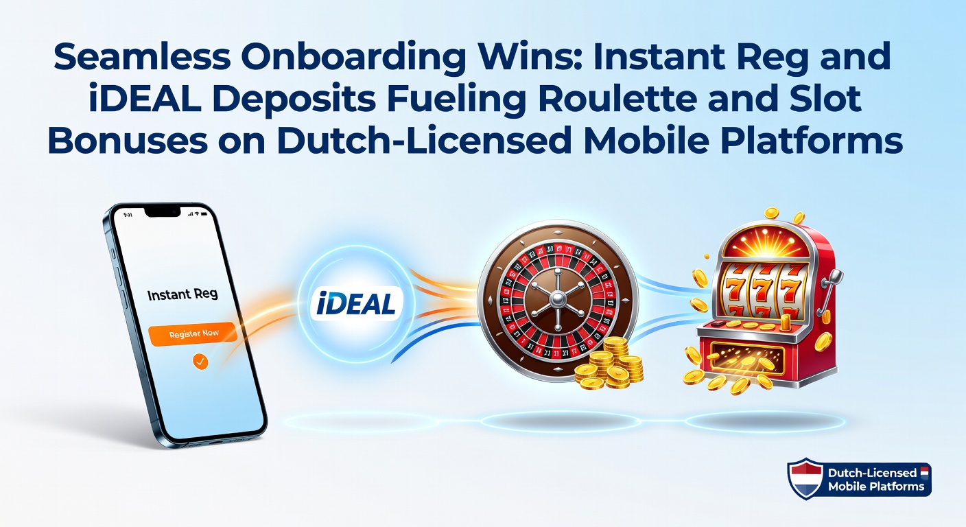 Mobiel scherm met snelle registratie en iDEAL betaaloptie op een Nederlands gelicenseerd casino platform, inclusief roulette wiel en slot symbolen