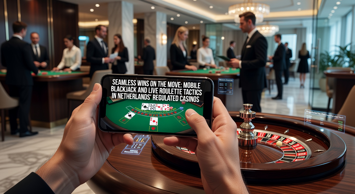 Speler geniet van mobiele blackjack op smartphone in een Nederlands casino-omgeving, met live roulette-tafel op achtergrond