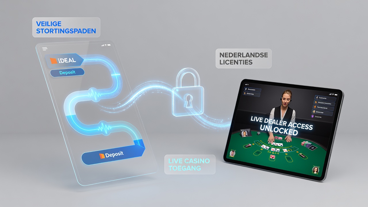 Mobiele app interface met stortingsroutes en live dealer opties in een Nederlandse gelicenseerde omgeving
